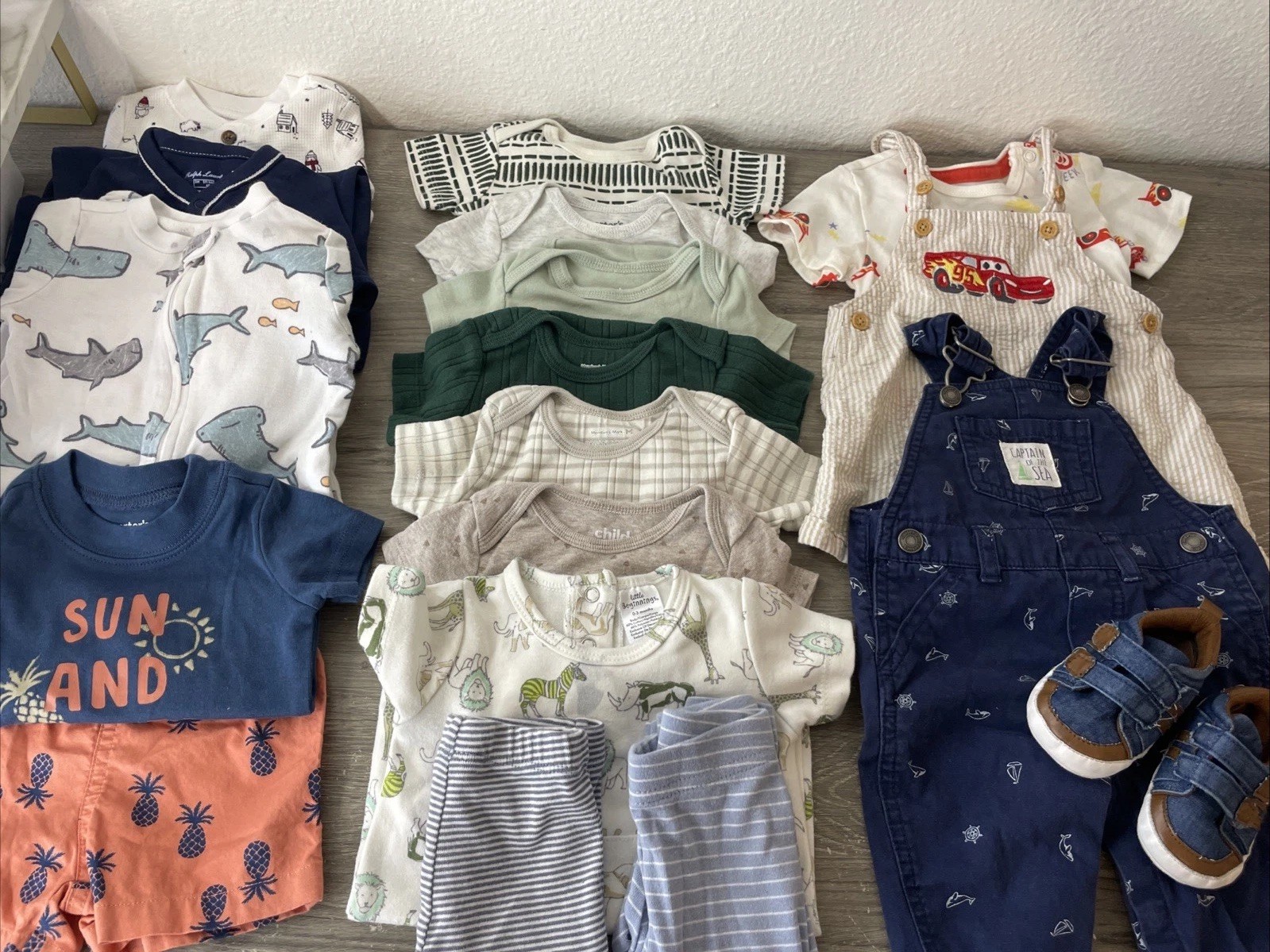 17 Pc Baby Boy Clothes Lot 3 Months Carters Overalls Rompers Shoes Set