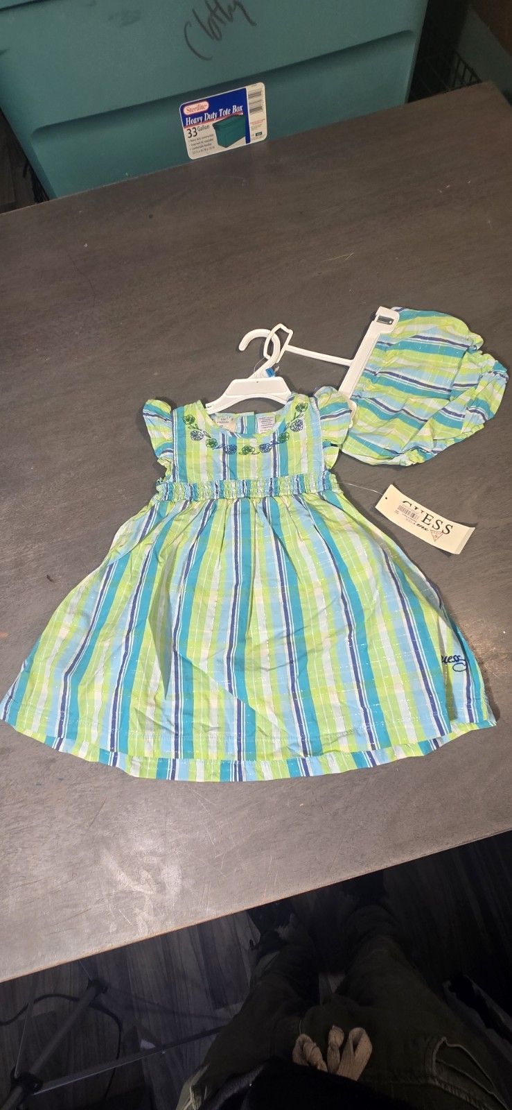 Guess brand infant smock dress and bloomer set with green, blue & white stripes