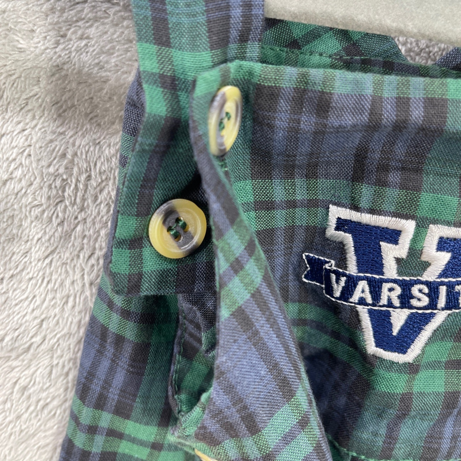 Vintage Varsity Plaid Overalls Baby Size 3/6 Months Preppy Green Blue Cotton Bib