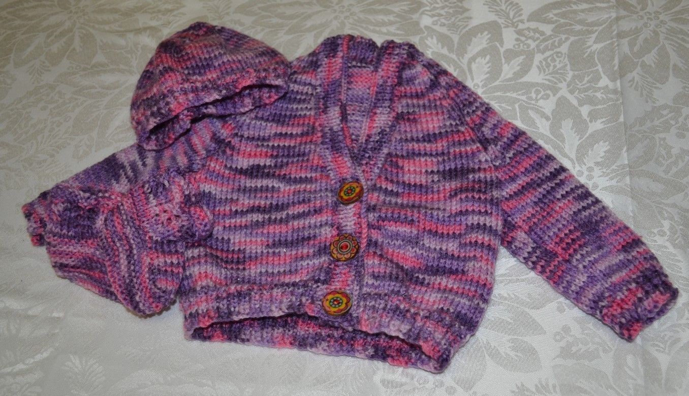 Hand knitted baby Cardigan, Beanie and bootie set 3 to 6 months