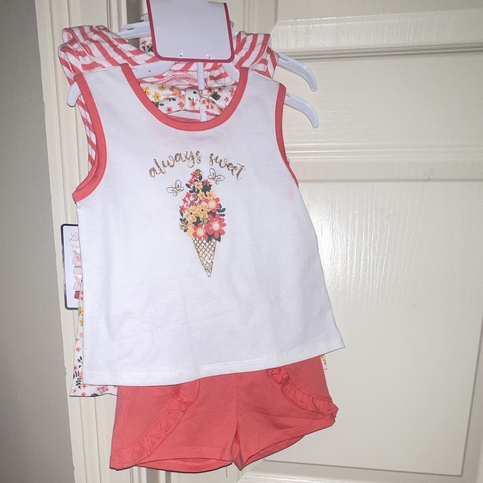 Little Lass Girls 4T 5pc Cotton Floral Sleeveless Tops, Shorts & Bow Headband