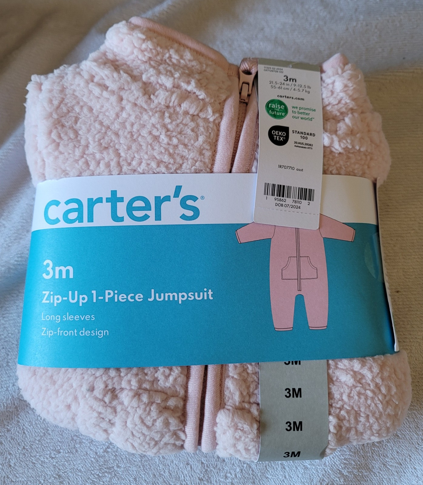 Carters Zip-Up 1 Piece Warm Long Sleeve Easy Care Jumpsuit 3M pink fleece
