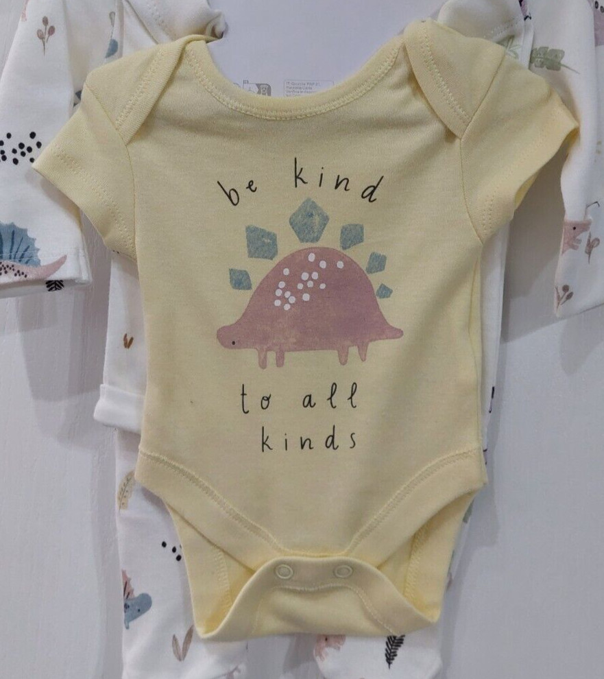 Primark Newborn Baby Unisex Babygrow Bodysuit Hat & Bib 5pc Dinosaur Set Layette