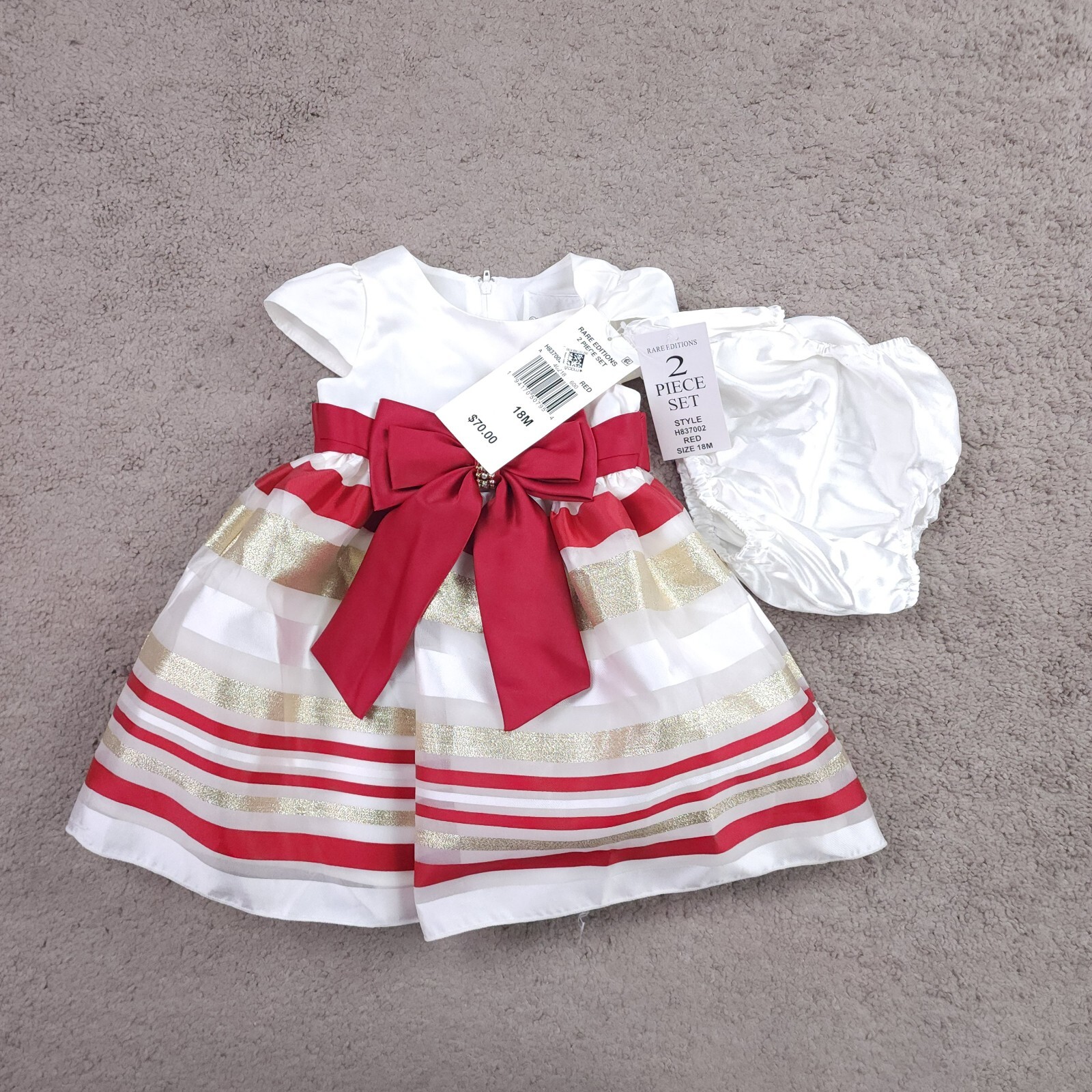 Rare Editions Baby Girls Satin Dress Bow Details Cap Sleeve 2 Piece 18 Months