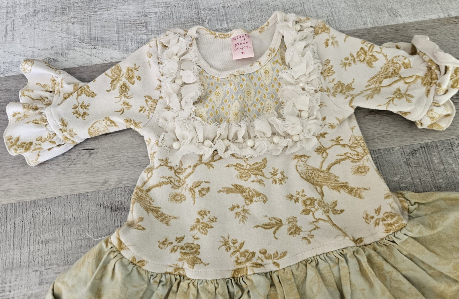 Giggle Moon Ruffle Top 3T Gold Green Birds Spring Toddler Girl