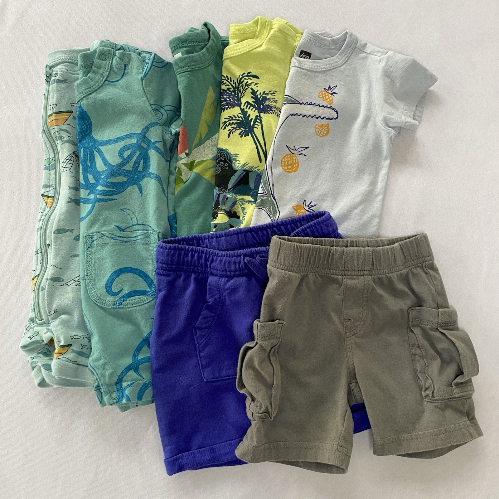 Tea Collection Boys Size 6-9 Months Lot Of 7 Summer Shirts, Shorts, Rompers EUC