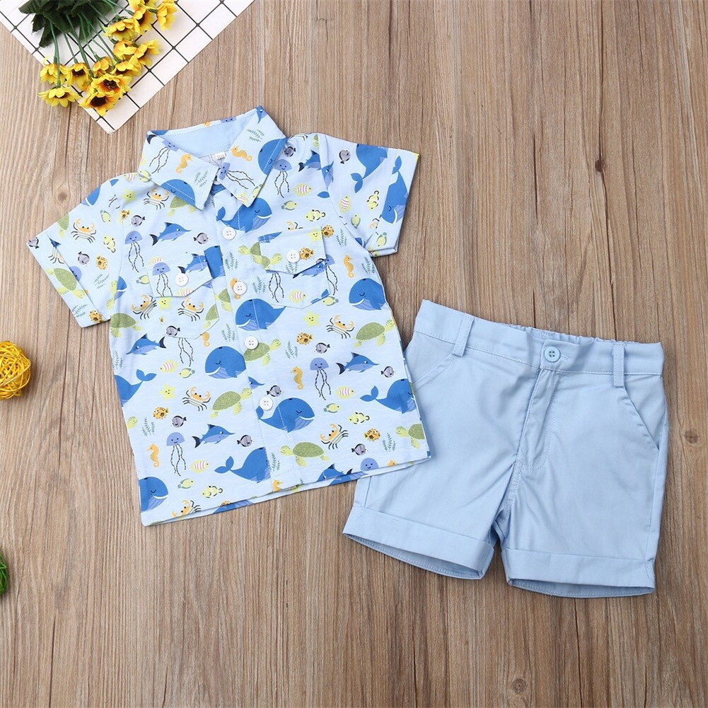 NWT Ocean Sea Animals Boys Short Sleeve Button Shirt & Shorts Outfit Set