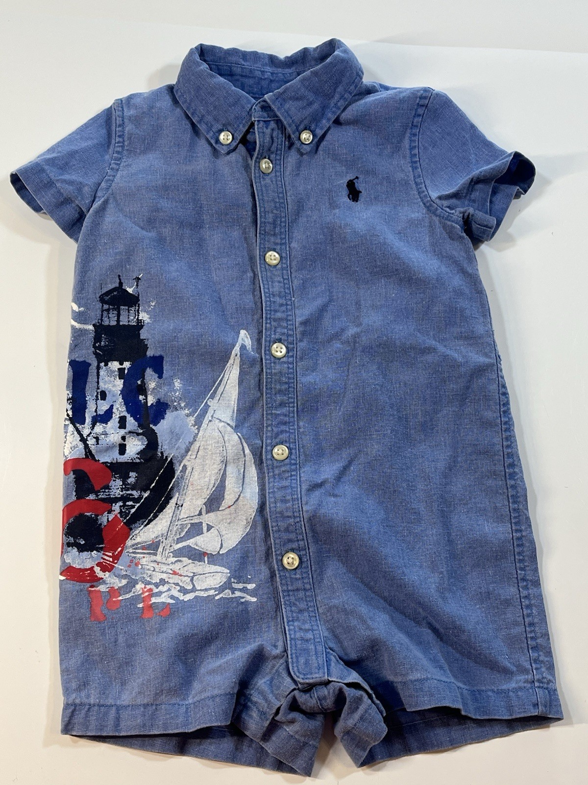 Baby Boys Ralph Lauren Blue Chambray Sailboat Nautical Linen Short Romper 9M