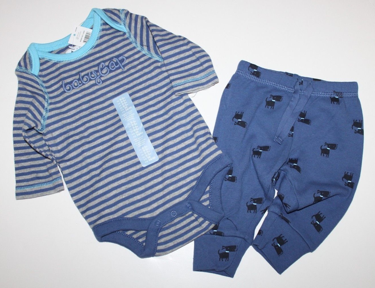 baby Gap Boy’s 0 3 mo. Outfit Set Striped Logo Bodysuit Top + Dog Print Pant