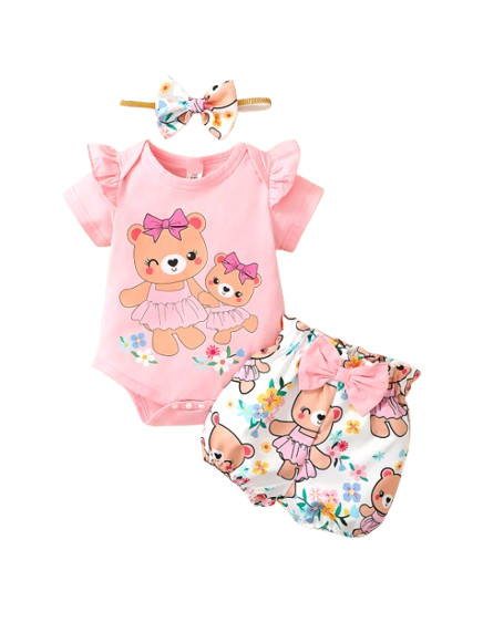 Baby Girl 3PCS Outfit Bear Romper Shorts and Headband Summer Clothing