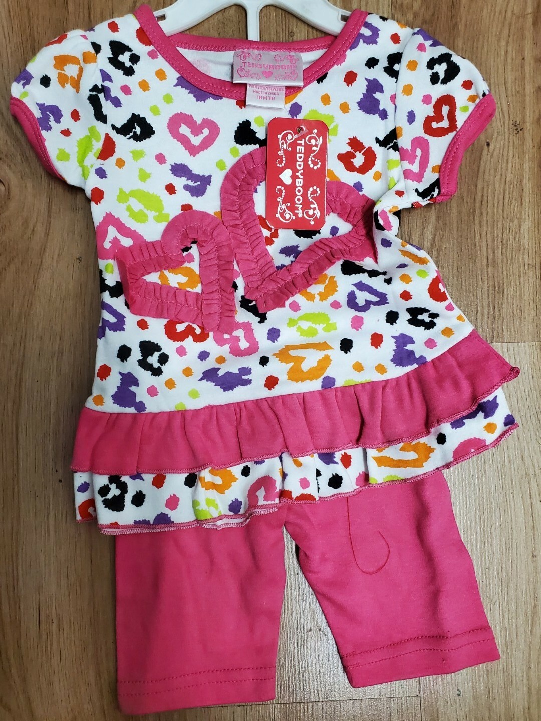 TEDDY BOOM 2 Pc Heart Leopard Shorts Set w/ruffles tunic top -Size 18m-Pink
