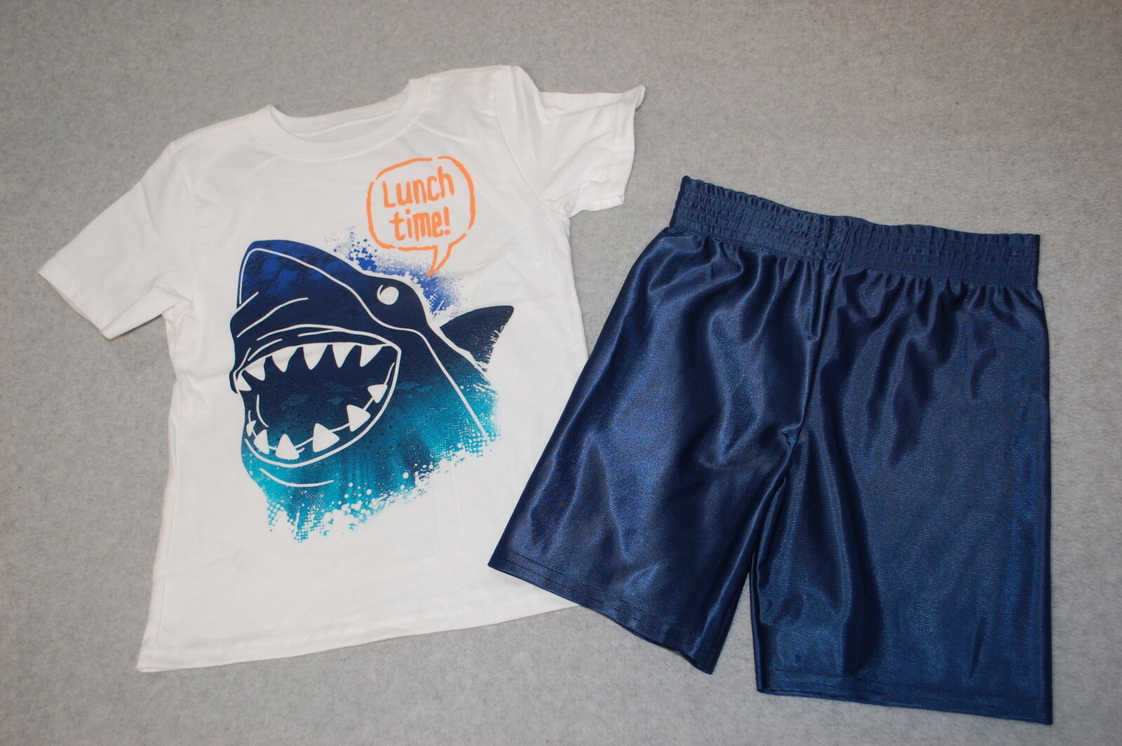 Toddler Boys White S/S T-Shirt SHARK, “LUNCH TIME” Dark Blue Athletic Shorts 4T