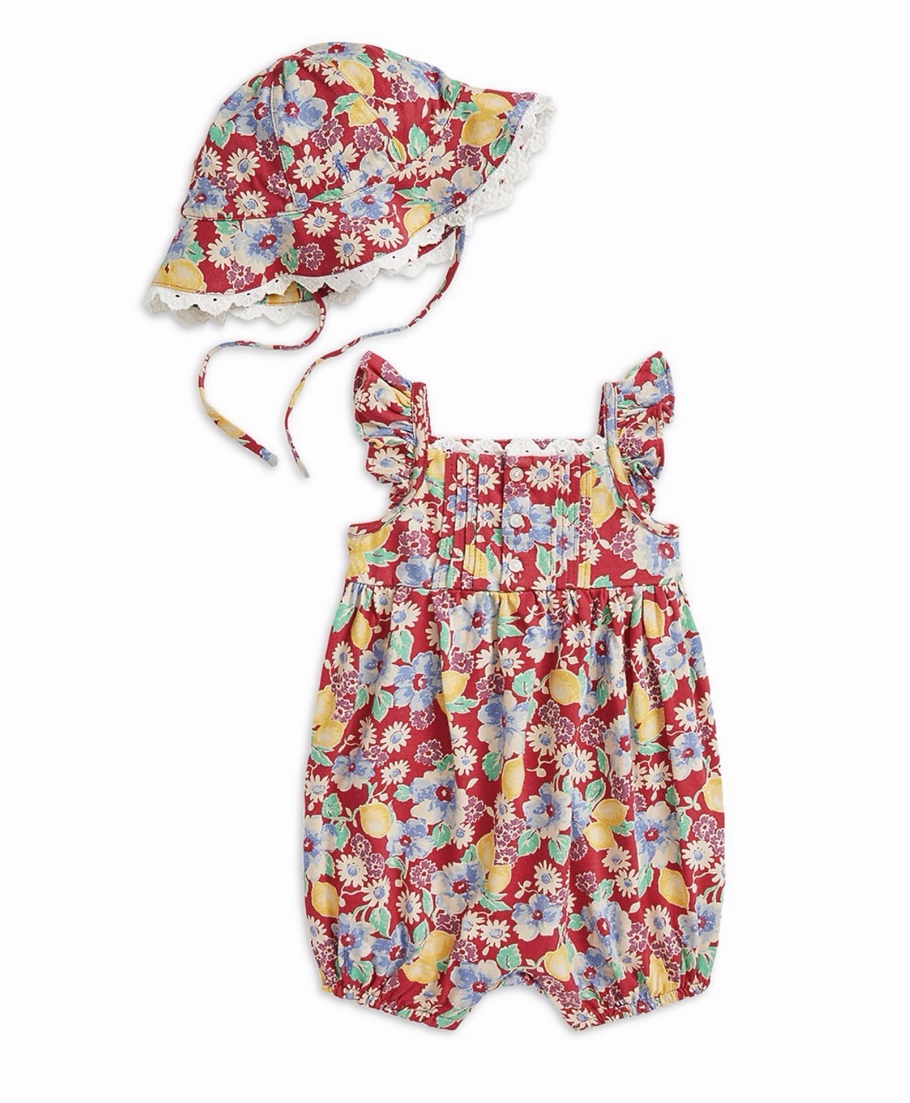 Ralph Lauren Baby Girls Floral Cotton Jersey Shortall & Hat Set Red Multi 3M $75