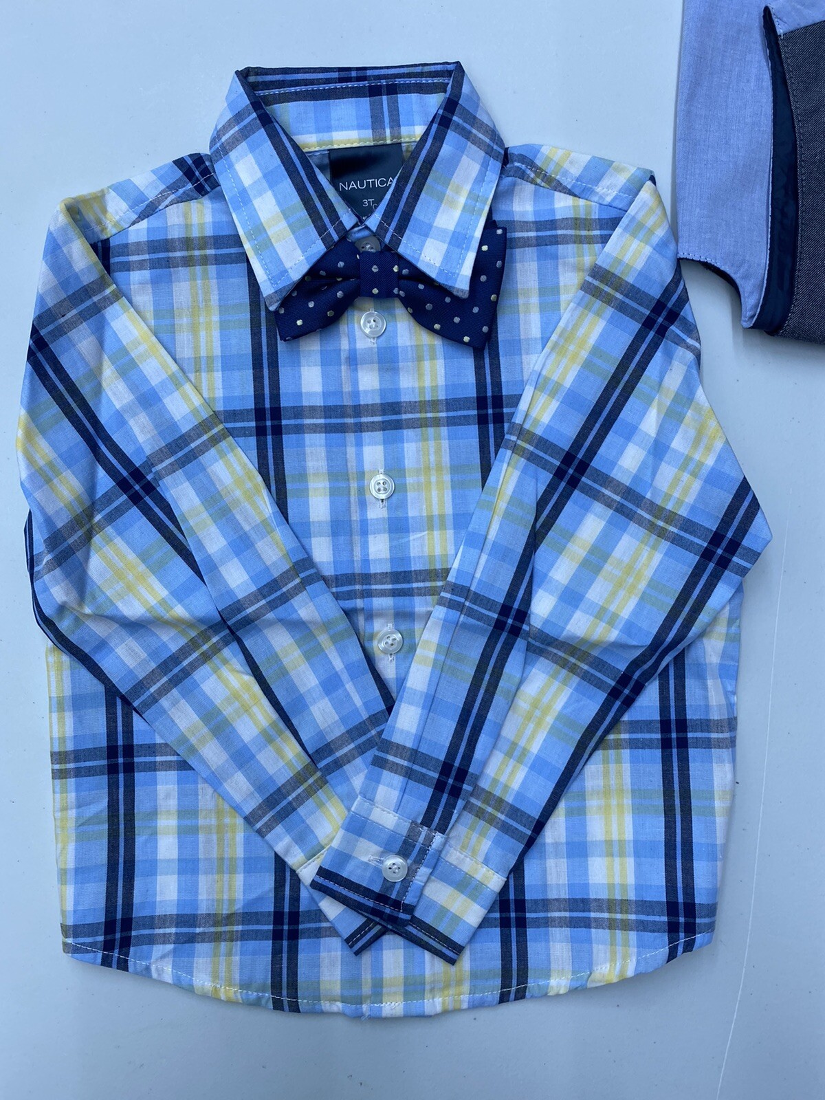 Nautica Boy’s 3 Piece Blue/Yellow Dress Shirt, Grey Vest Blue Bowtie Set Size 3T