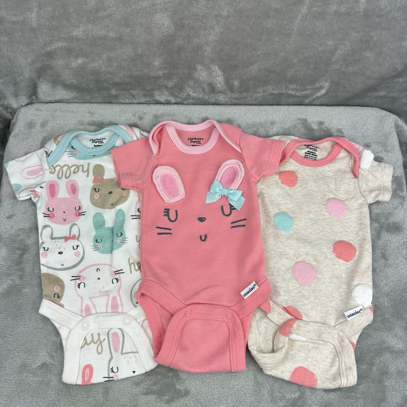 Gerber Set Of 3 Bodysuit Newborn Pink Beige Blue White Bunny Organic Cotton
