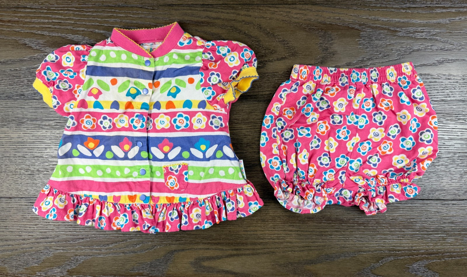 Vintage Girls Gymboree Rainbow Tag Floral Stripe 2Pc Outfit Ruffle Infant