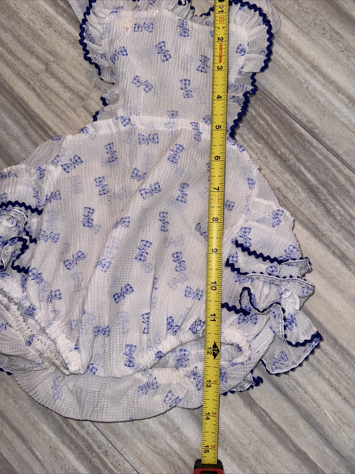 Antique Baby Girl Semi Sheer Jump Suit Bubble Romper Blue Bows Ruffles Victorian