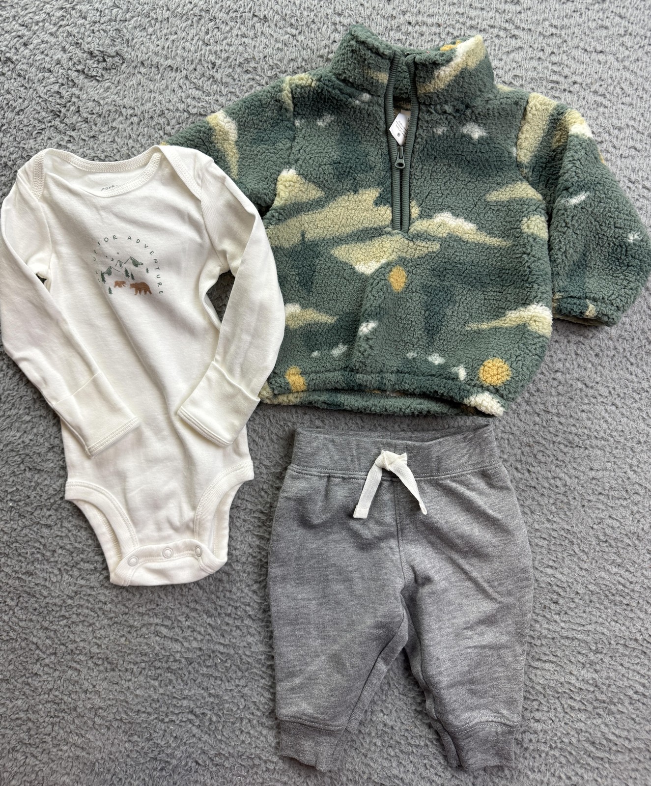 Carter’s Outfit Baby Boys 0-3M Camo Fleece 1/4 Zip Sweatshirt Bodysuit Pants 3pc