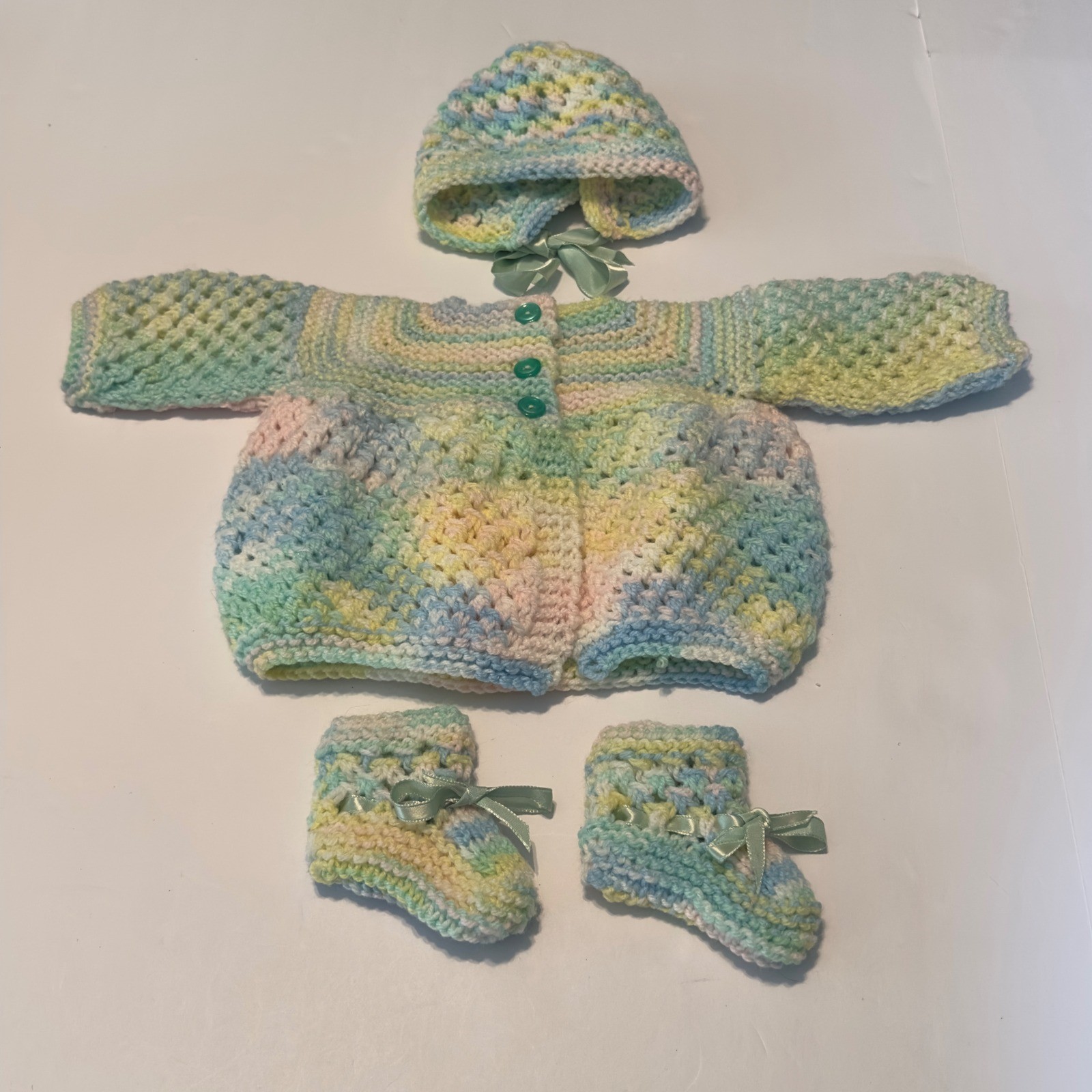Handmade Crochet Baby Cardigan Set Pastel Multicolor Bonnet Booties 3 Piece