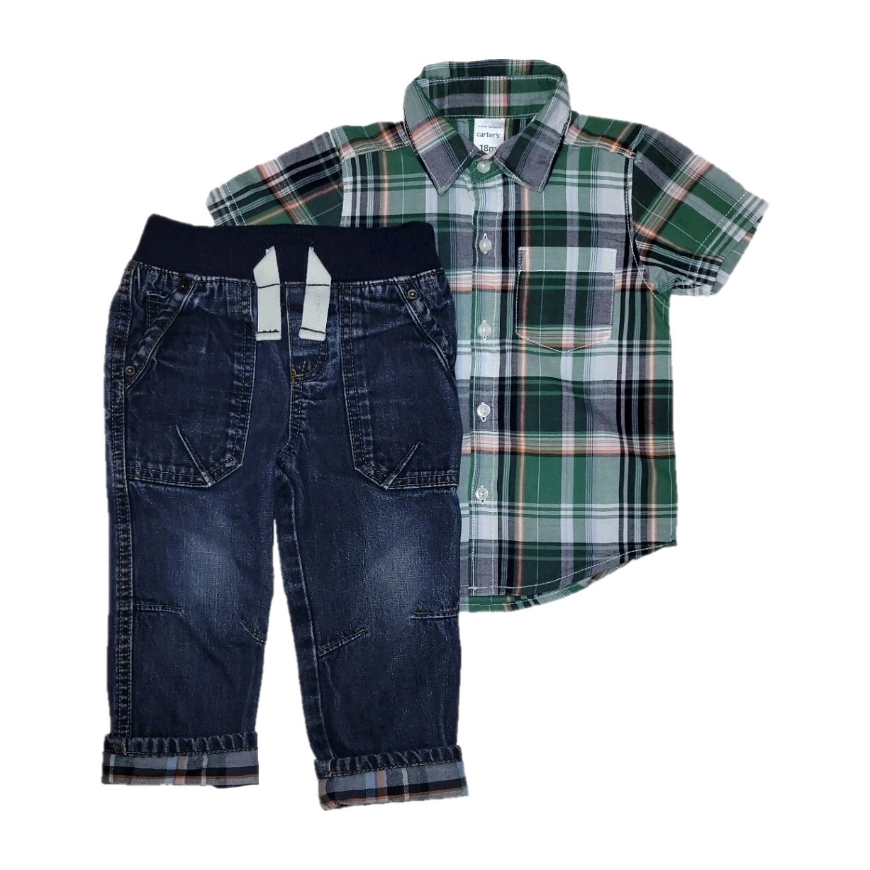 18 Month Boys Cuffed Slip On Jeans & Carter’s Plaid Button Down Shirt Outfit