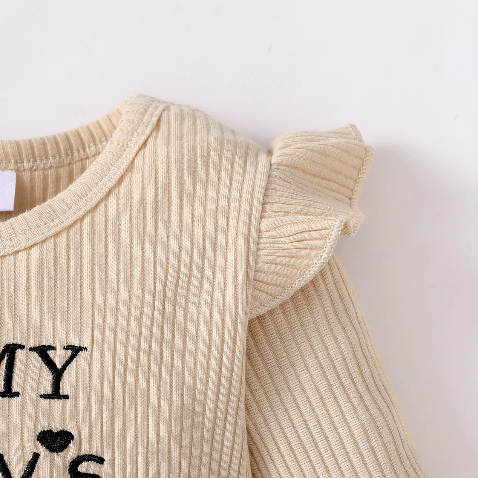 Khaki Baby Girl Romper & Pant Set 3-6 Months – Long Sleeve Letter & Flower