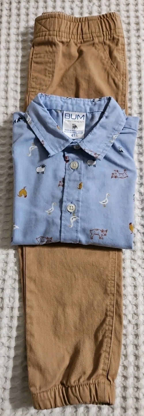 Boys Sz. 4T Set BUM Equipment Button-Up Shirt & Pull-On Pants Farm Animal Design
