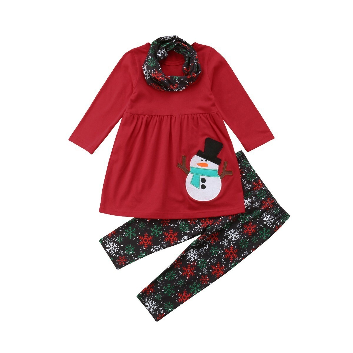 XMAS Toddler Kids Baby Girls Clothes Snowman Tops Skirt+Long Pants+Scarf Outfits
