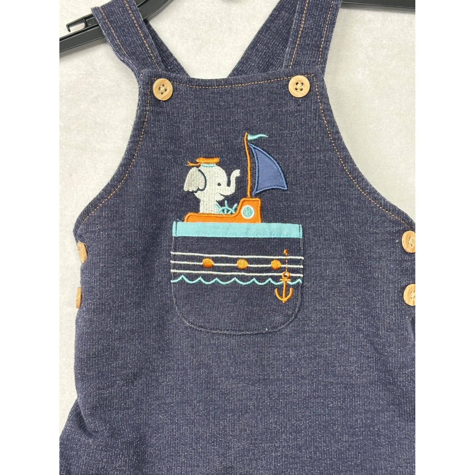 Pekkle Baby Boys Denim Elephant Sailboat Pocket Shortall Overalls 9 Months