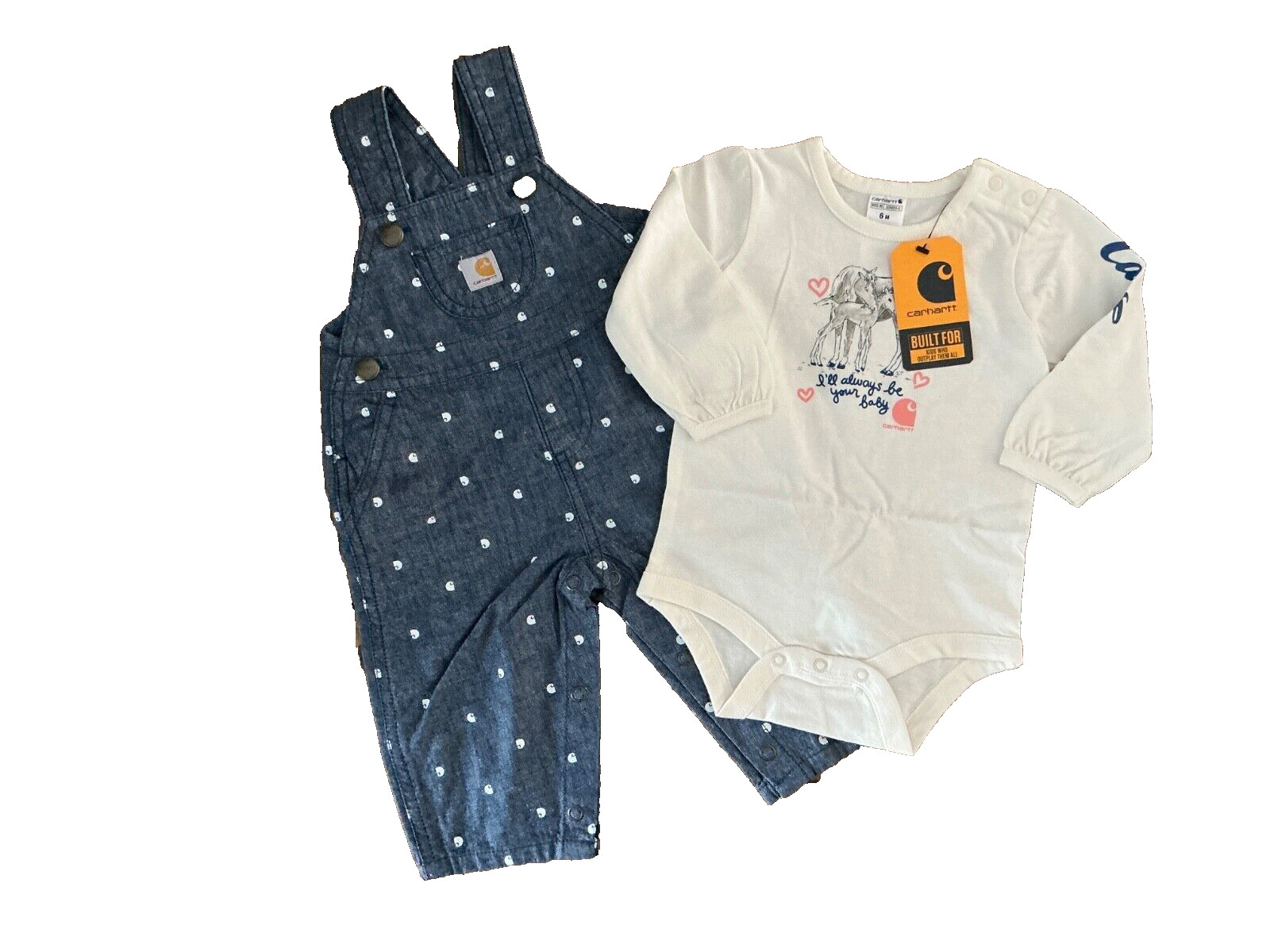 CARHARTT 2 PC OUTFIT Chambray OVERALLS Bib Pants & SHIRT Girls Size 6 Months NEW