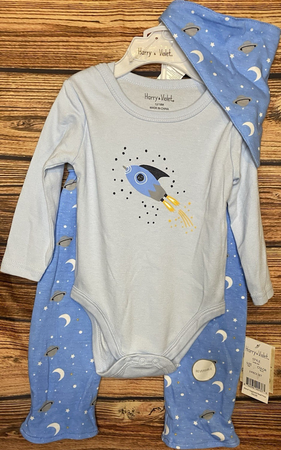 Harry & Violet 12-18 Months Blue Gray Space Stars 3 Pc Reversible Outfit Set