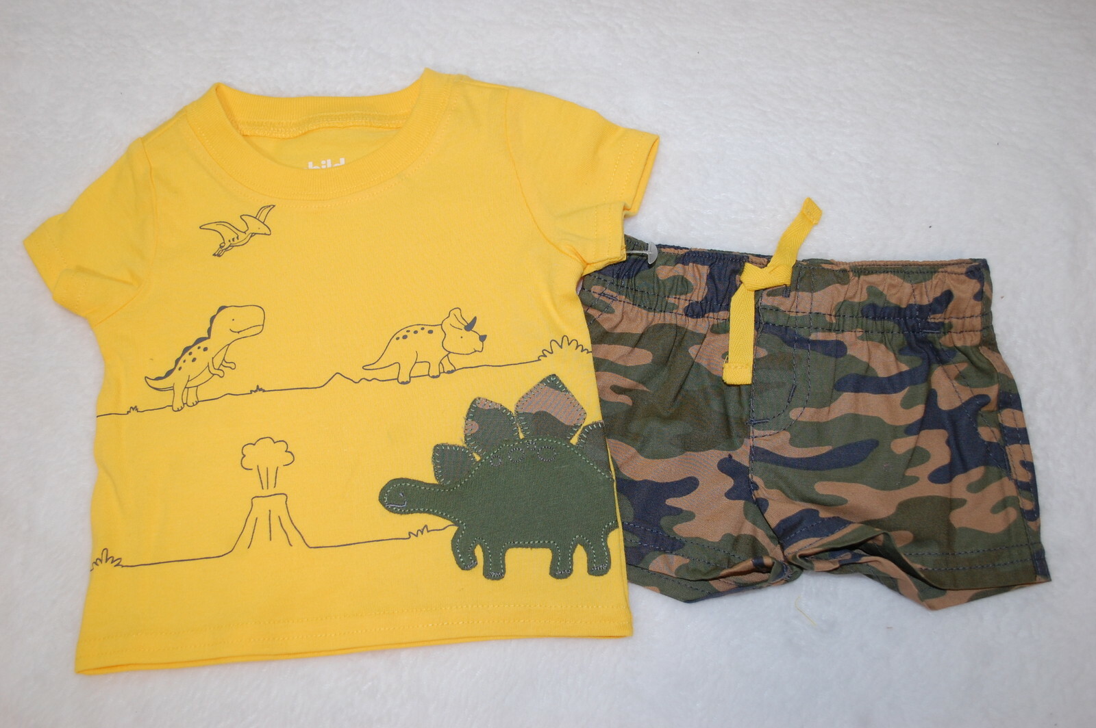 Baby Boys YELLOW S/S T-SHIRT Dinosaurs WOVEN SHORTS Beige Green Blue Camo NB