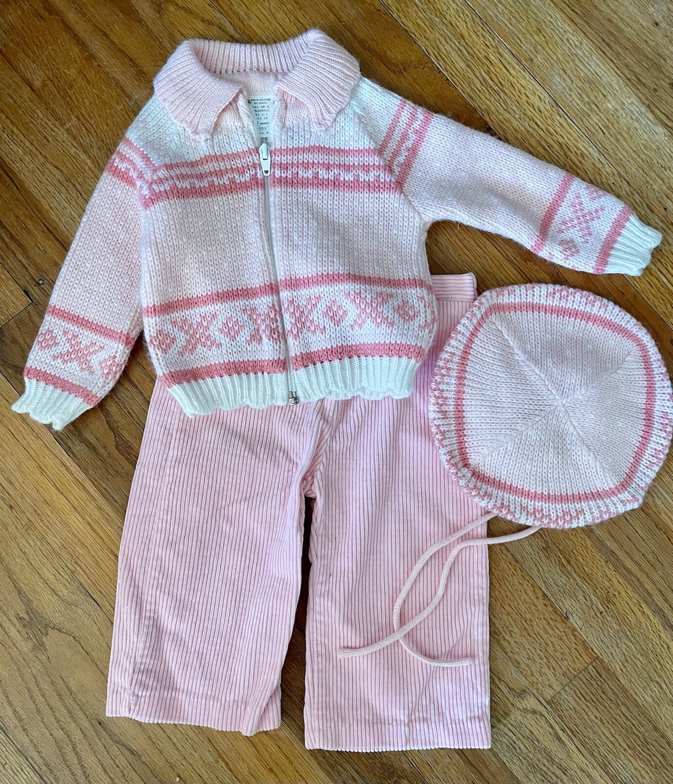 NWOT Girl’s Vintage 12 Mo Pink White Fair Isle Sweater Pants Hat 3 Pc Set