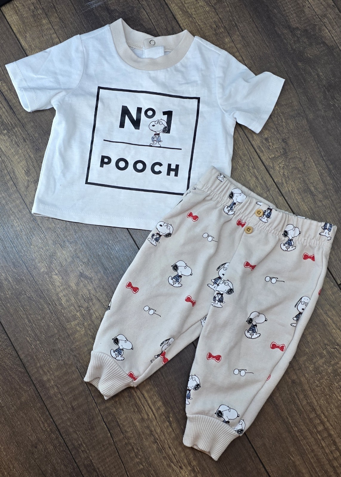 Peanuts Snoopy 2pc Baby Outfit Set 0-3M T-Shirt & Pants Beige/White Cotton