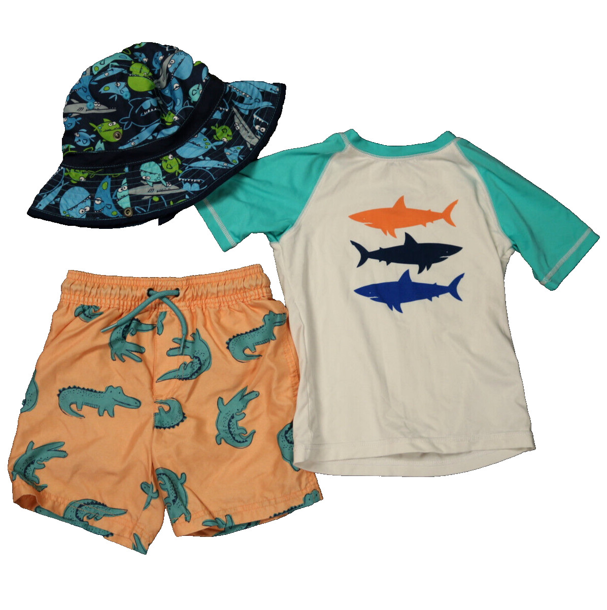 Lot of 3 Swim Shorts Sun Hat Tee Shirt Water Beasts Crocodiles Fish Sharks 3T