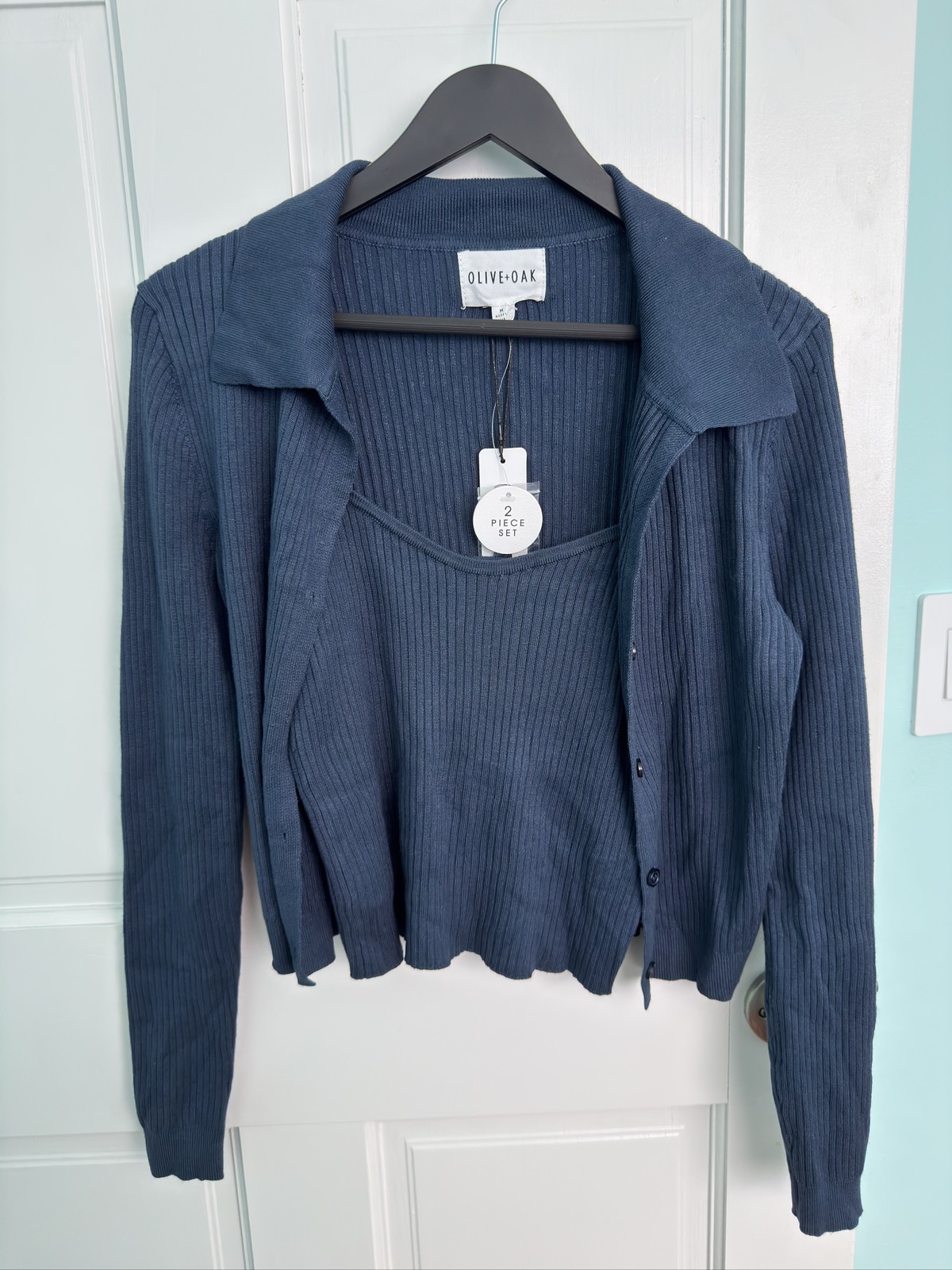 Olive + Oak Blue Ribbed Knit Set Cardigan & Tank
