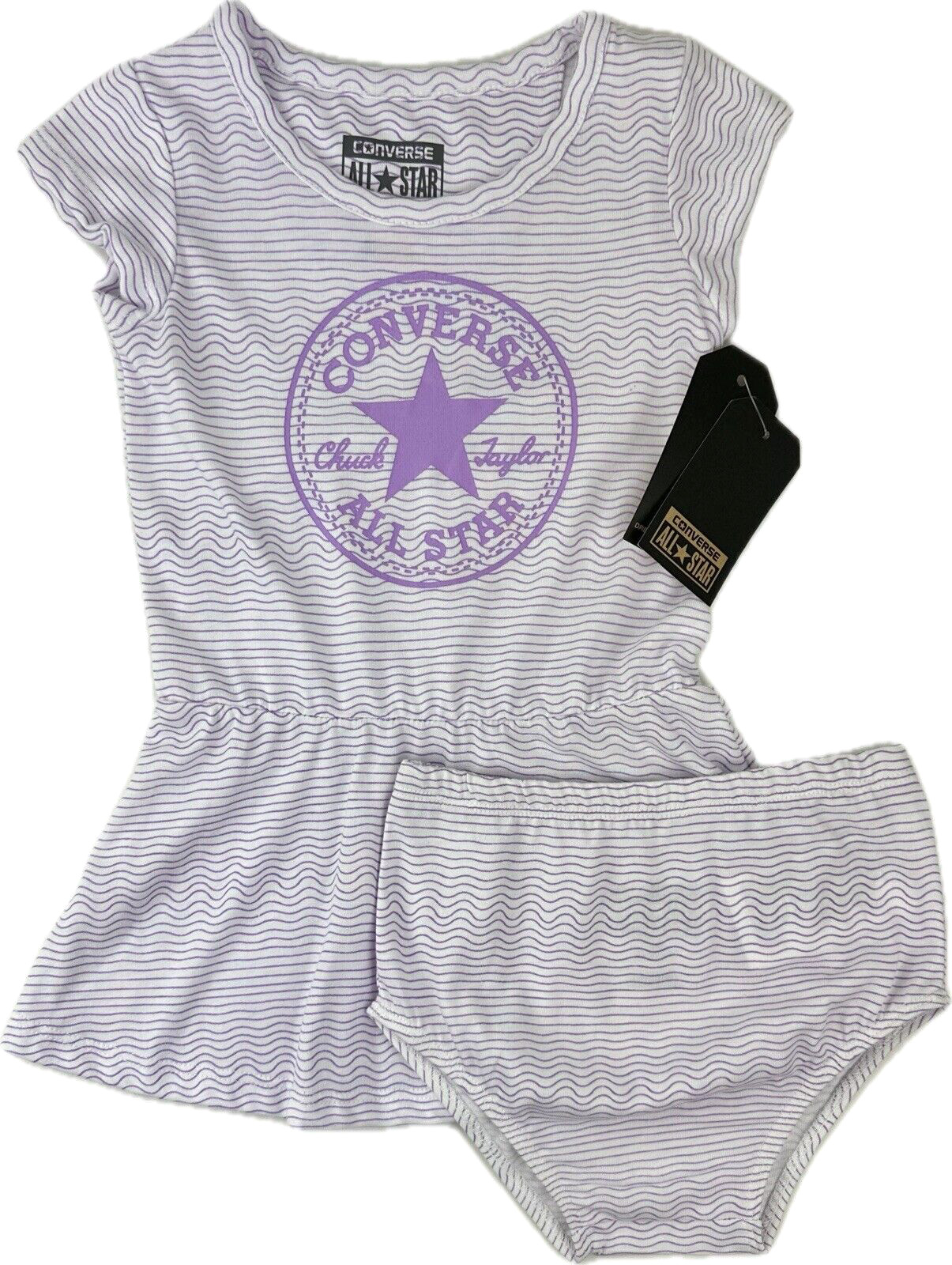Converse Baby 2 Pc Purple Polyester Short Sleeve Wavy Stripe Dress Set Sz 18 MO