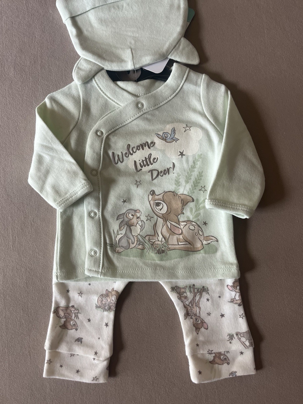 Disney Baby Unisex “Bambi & Thumper” 0-3 Months Long-Sleeve Top, Pants & Bib~New