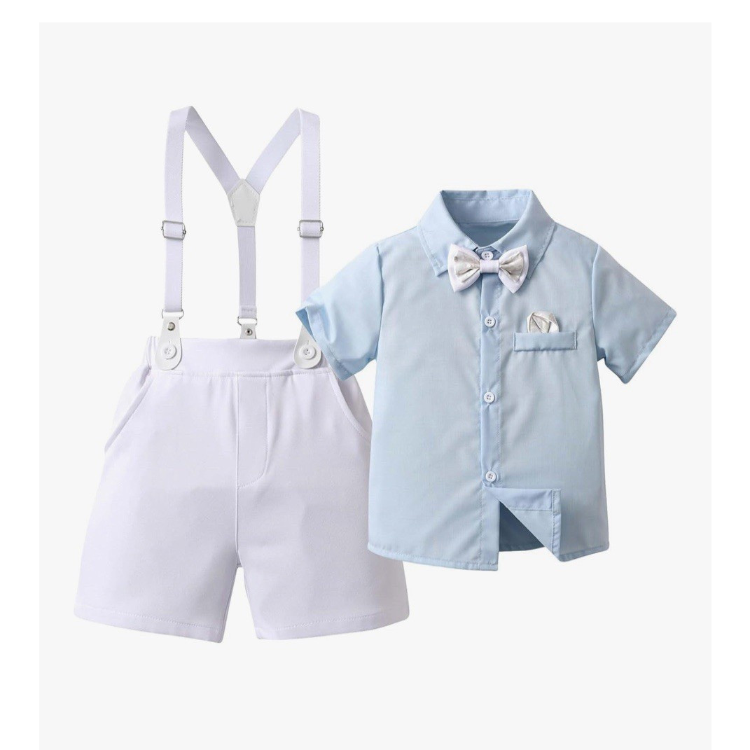 Boys Light Blue Shirt and White Shorts Set with Bow Tie, Formal Party Outfit