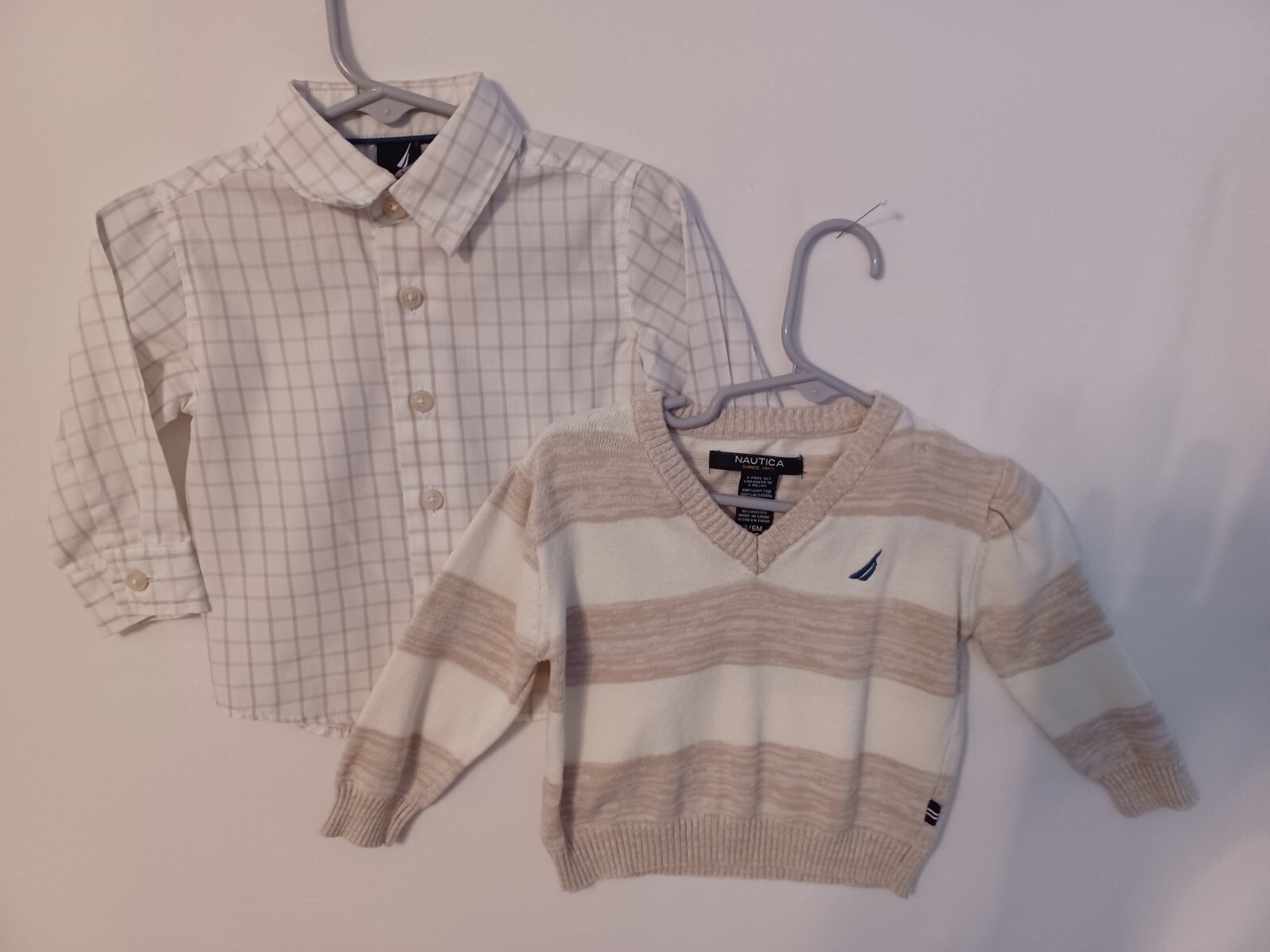 NAUTICA 3-6M Baby Sweater Set, Beige/White Stripe Sweater, Check Shirt Was $55