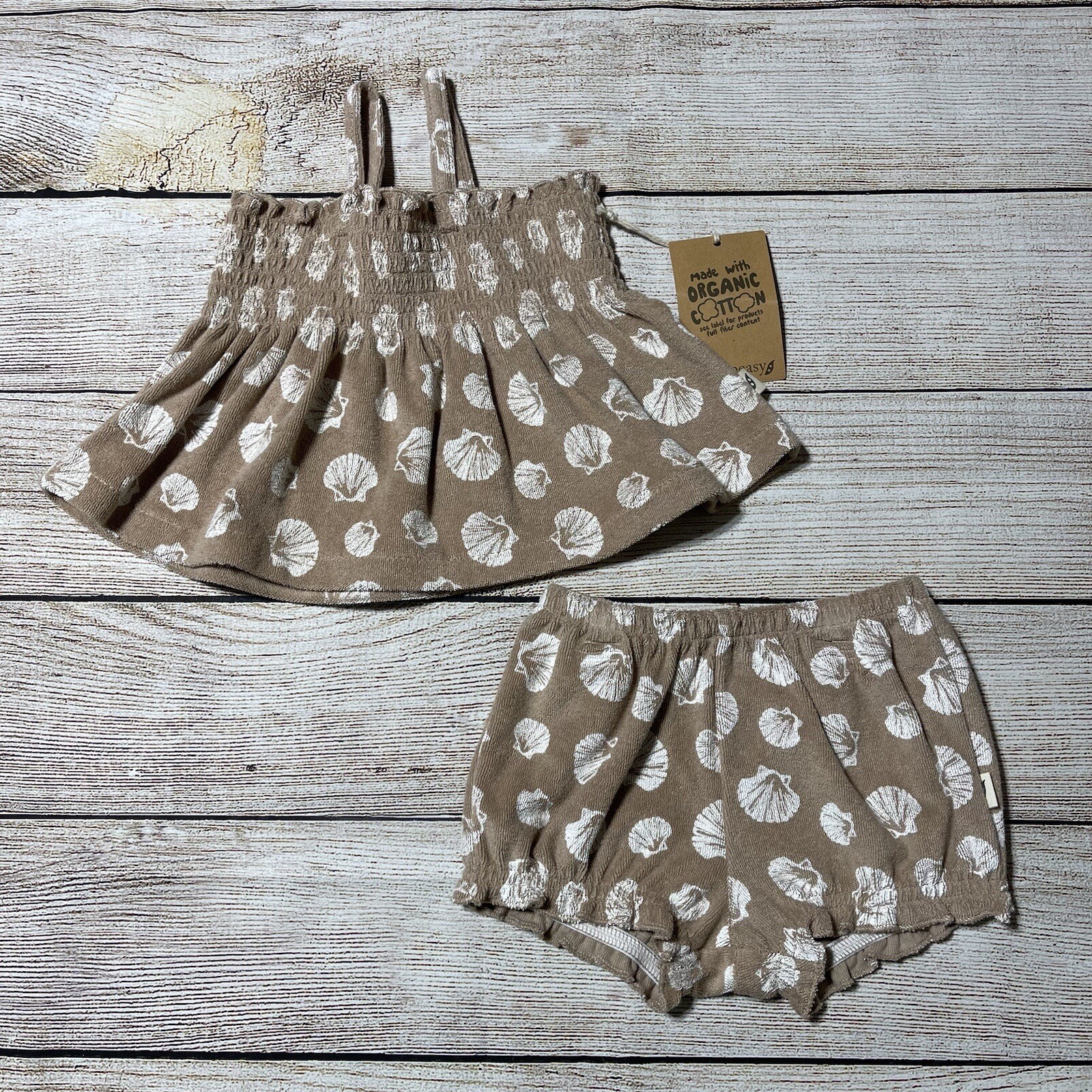 Easy Peasy Baby Girl Terry Tank Bloomer Set 12M Tan Organic Cotton Smocked NEW