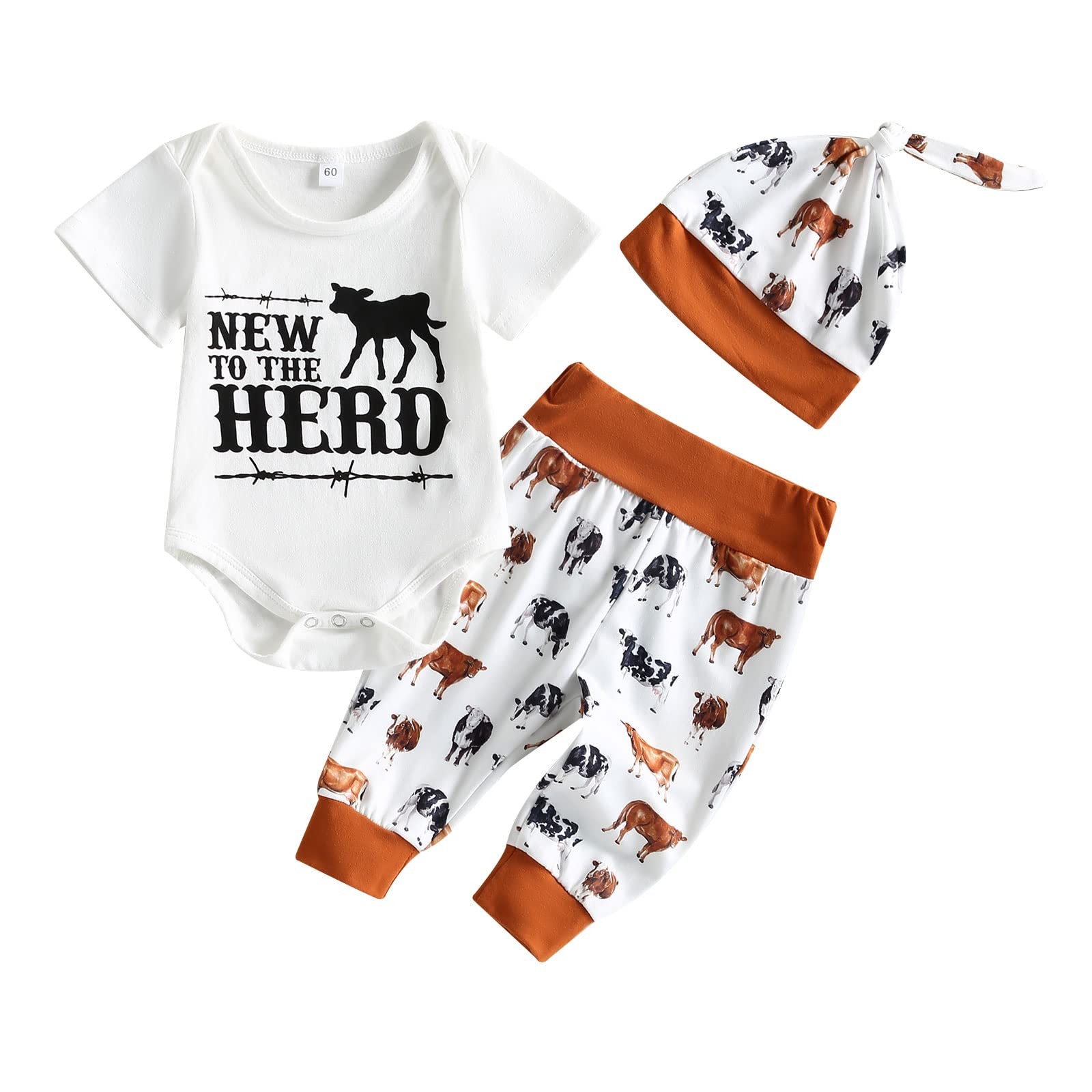 Newborn Baby Boy Girl Clothes Cow Print Romper Bodysuit and Pants with Hat/He…