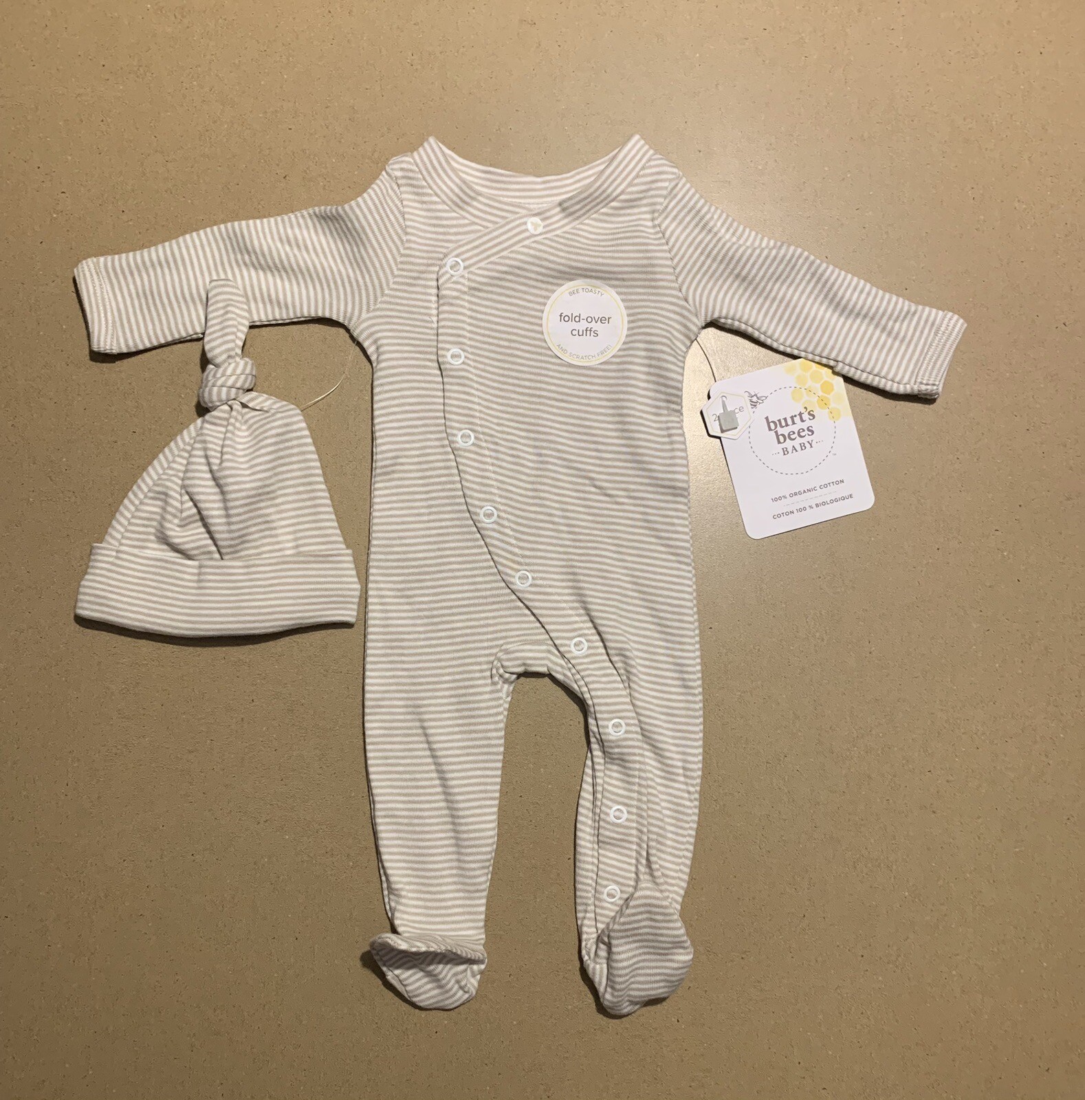 Burt’s Bees Micro Stripe Organic Cotton Jumpsuit Knot Hat Set Preemie in Fossil