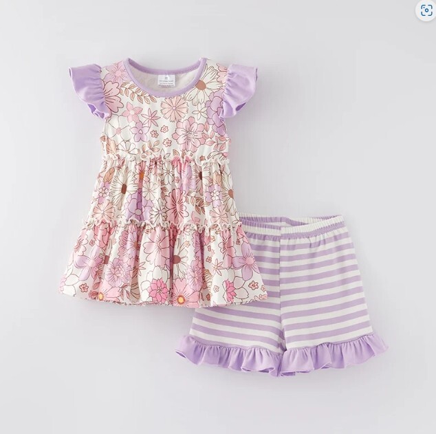 NEW Boutique Floral Tunic Dress & Ruffle Shorts Girls Outfit Set