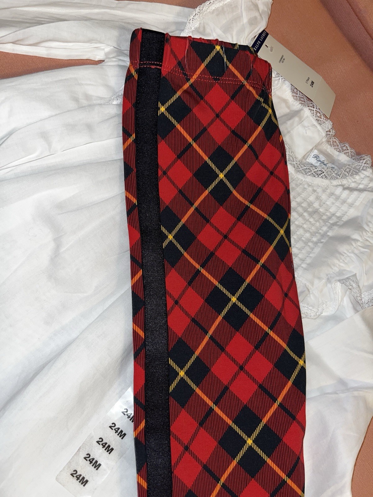 Ralph Lauren Girls 24M 2pc Dress Set White Lace Smocked Red Plaid Skirt