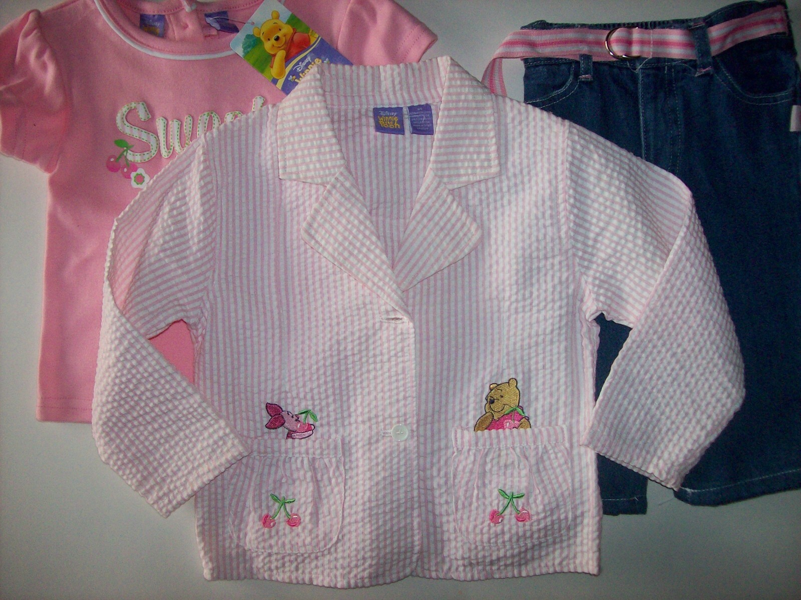 Winnie the Pooh Jacket Top Jeans 3pc Set Girls 2Toddler Pink Seersucker New