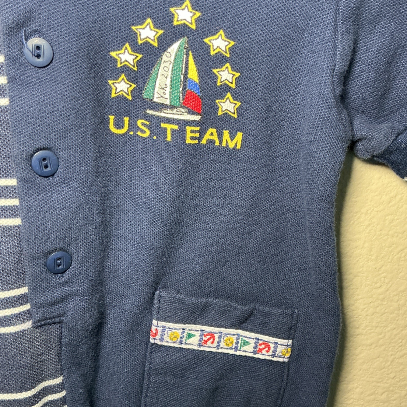 Baby Boy Nautical Romper 6-9M Sailboat Striped Outfit Navy Polo One Piece