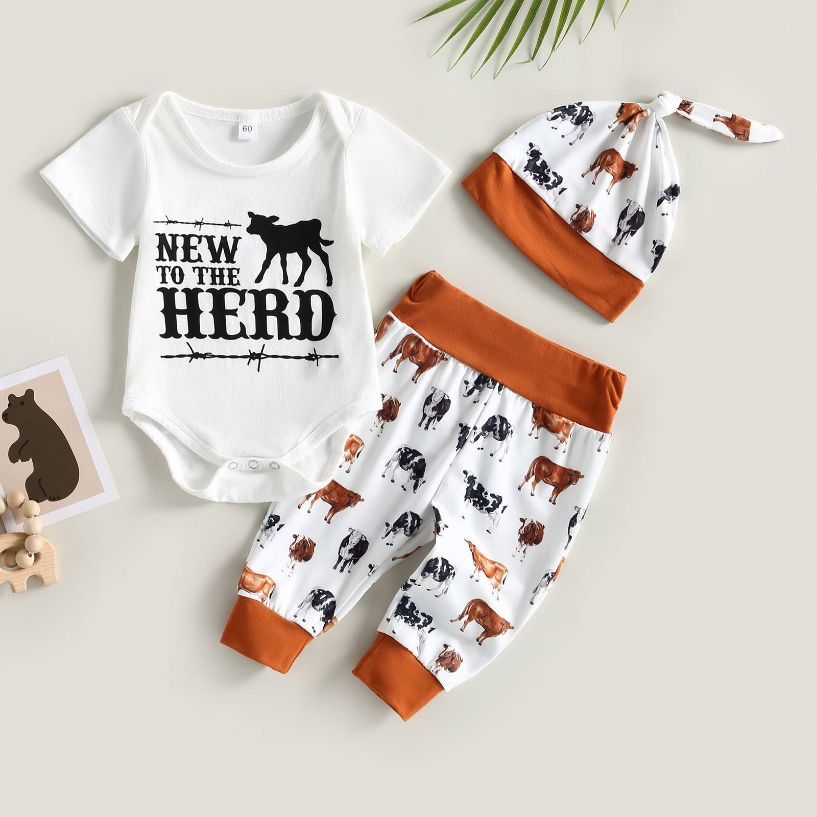 Newborn Baby Boy Girl Clothes Cow Print Romper Bodysuit and Pants with Hat/He…