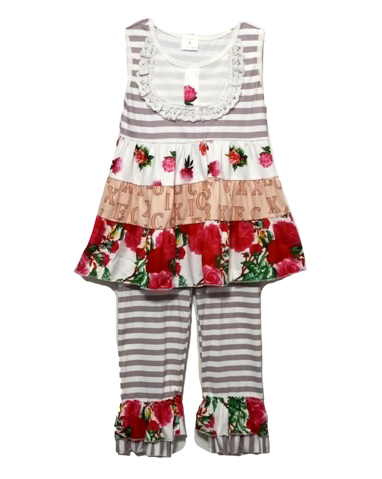 New Boutique Girls Floral Alphabet Pants Set Size 3T School Stripes Lace Ruffle