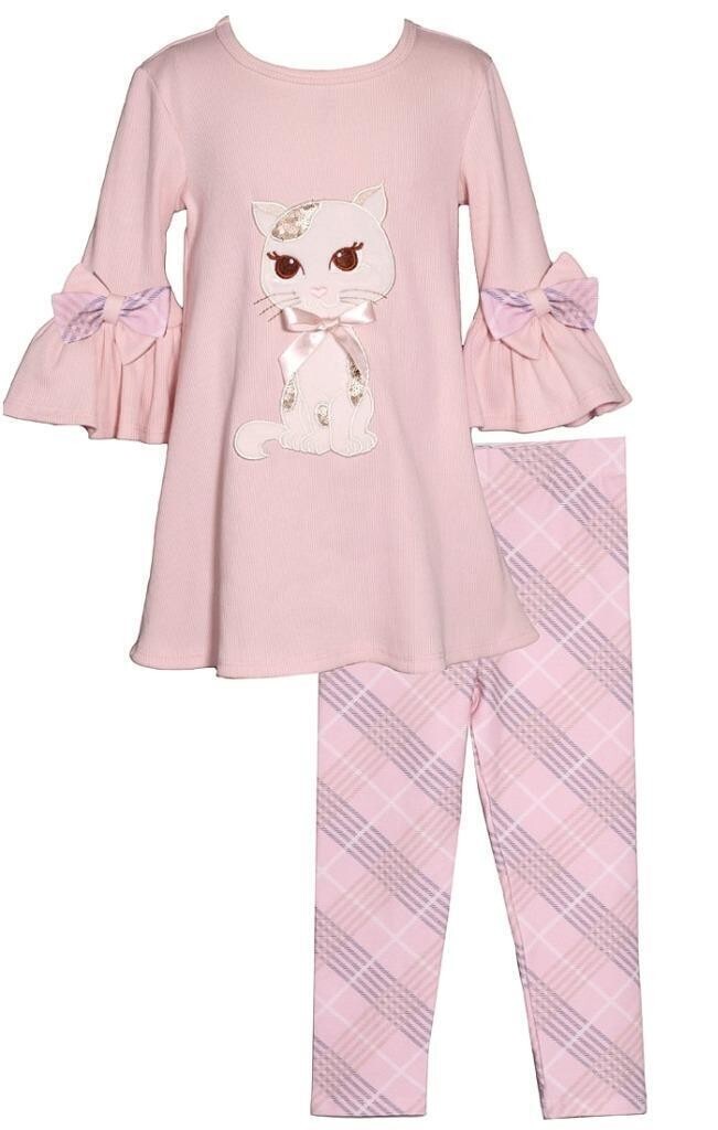 NWT Bonnie Jean Girls Pants Set Size 3T Pink Plaid Bows Bell Sleeve Cat Applique