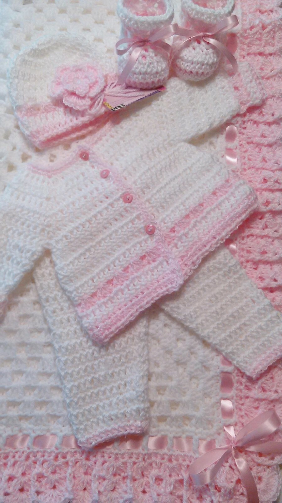Crochet Baby Layette and Blanket Set, Baby Beanie Hat, White and Baby, Baby Girl